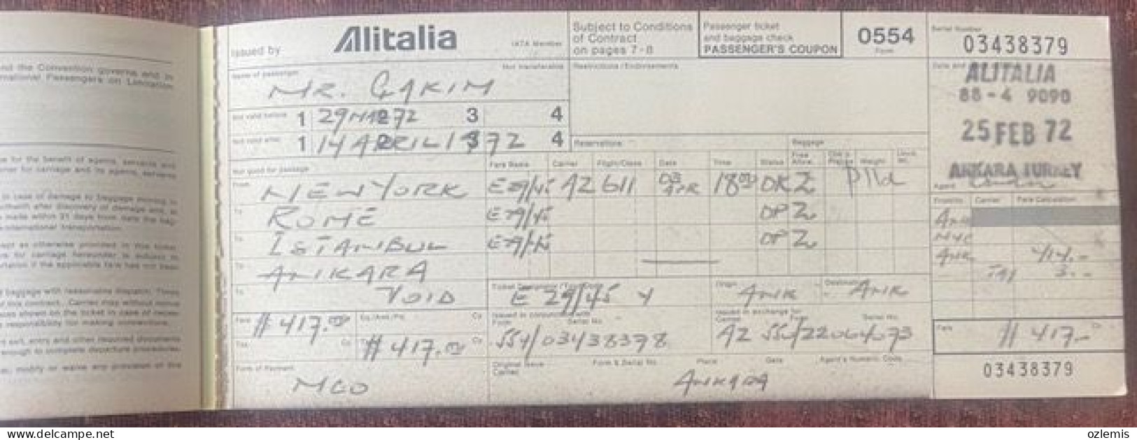 ALITALIA ,LINEE AEREE ITALIANE, ,TICKET ,1972 - Europe