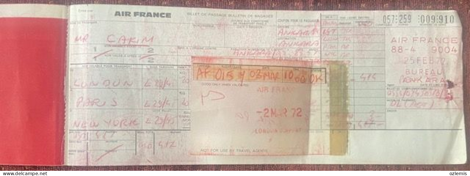 AIR FRANCE, ,TICKET ,1972 - Europa