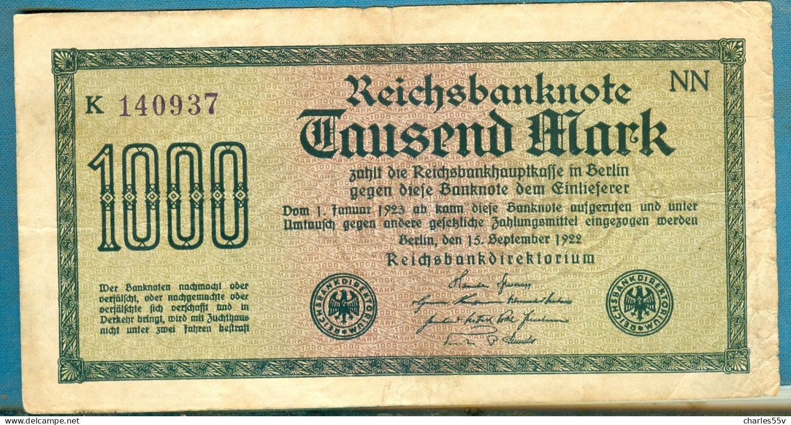 1000 Mark 15.9.1922 Serie K / NN Wmk. "Kreuzblüten" - 1000 Mark