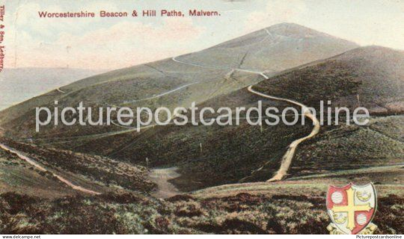 WORCESTERSHIRE BEACON & HILL PATHS MALVERN OLD COLOUR POSTCARD WITH CREST - Malvern