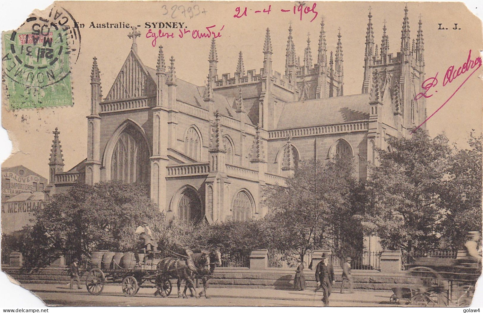 32793# CARTE POSTALE SYDNEY EGLISE ST ANDRE Obl NOUMEA NOUVELLE CALEDONIE 1905 BAUDIERES HERY YONNE - Brieven En Documenten