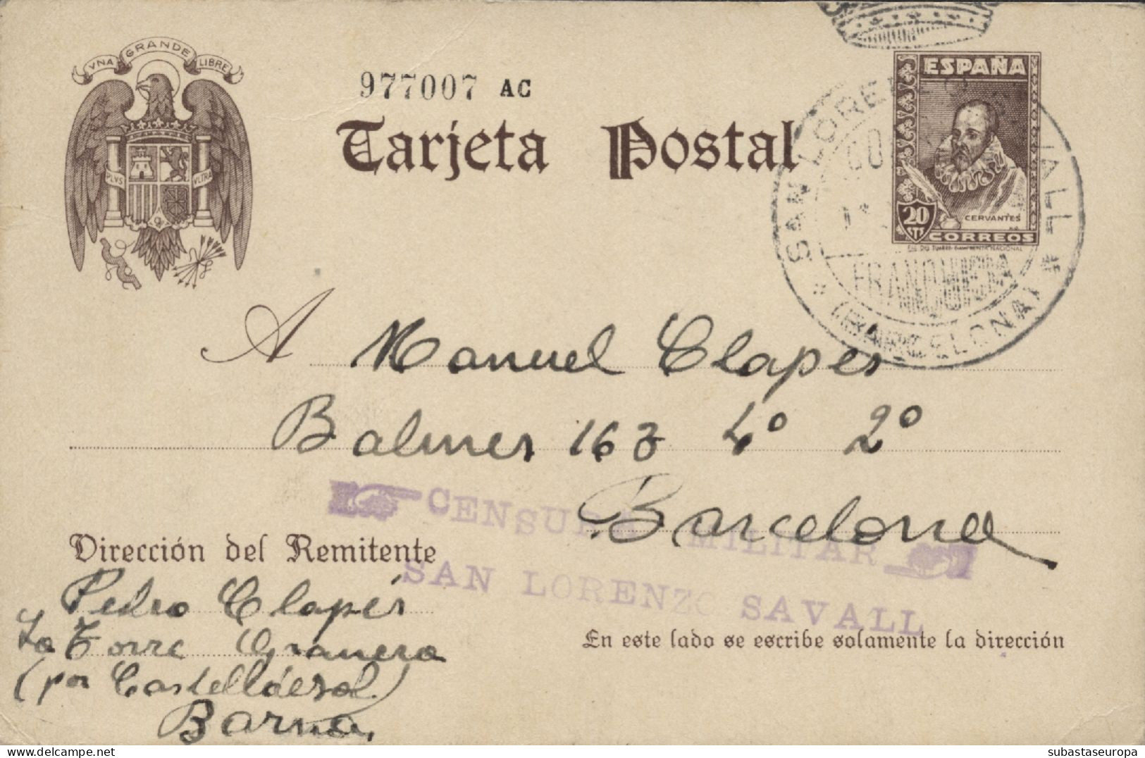 E.P. Circulado De Granera (Barcelona) A Barcelona, El Año 1939. Marca De Censura "San Lorenzo Savall". - Bolli Di Censura Repubblicana