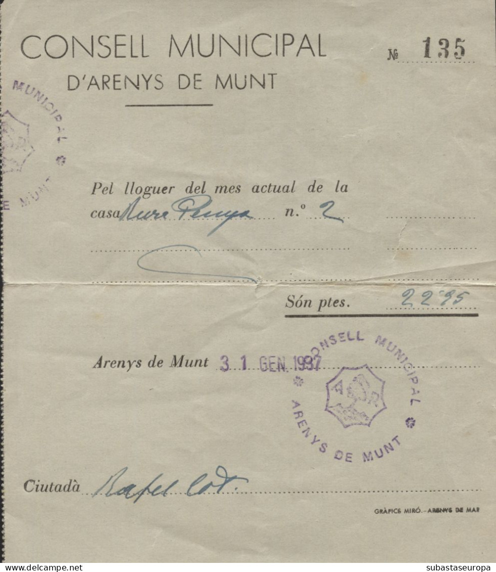 Documento Del "Consell Municipal D'Arenys De Munt", Con Sello Del Mismo. Año 1937. - Marques De Censures Républicaines