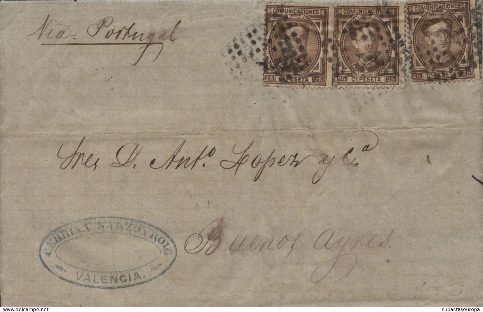 Ø 177(3) En Carta De Valencia A Buenos Aires (Argentina), El 17/4/1877. Mat. Rombo De Puntos Con Estrella. - Lettres & Documents