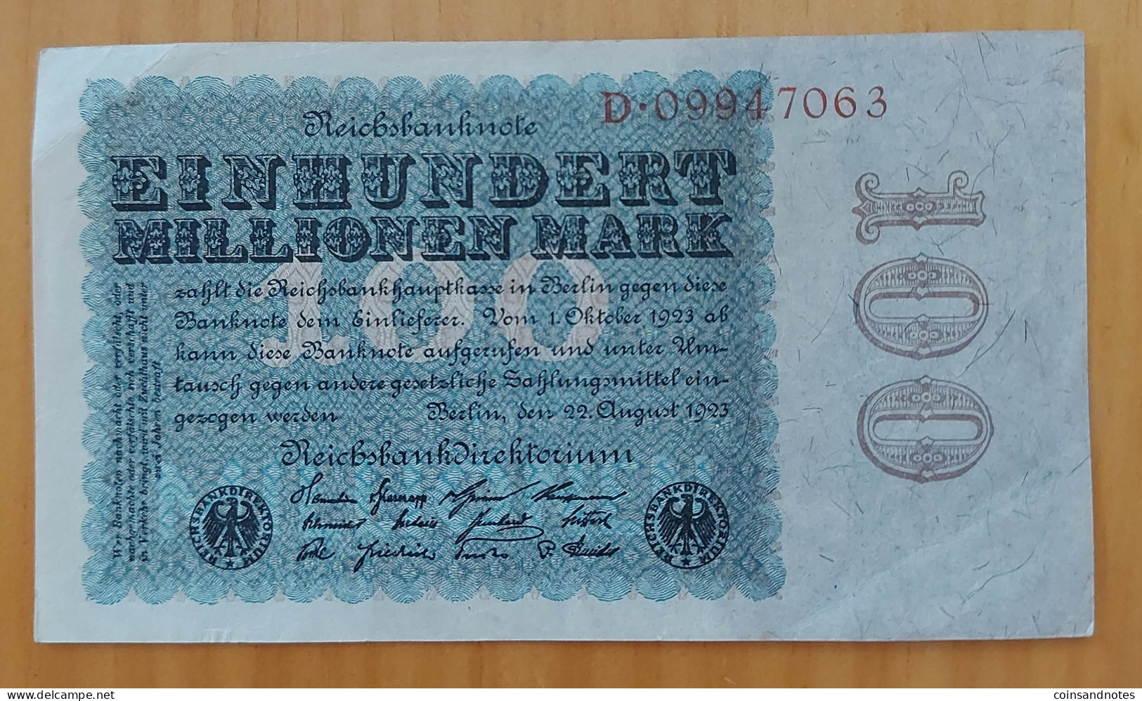 Germany 1923 - 100 Millionen Mark - Reichsbanknote - No D.09947063 - P# 107a - Near UNC - 100 Millionen Mark