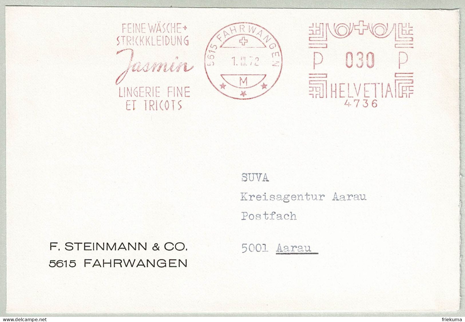 Schweiz / Helvetia 1972, Brief Freistempel / EMA / Meterstamp Steinmann Fahrwangen - Aarau, Jasmin, Wäsche / Lingerie - Textile