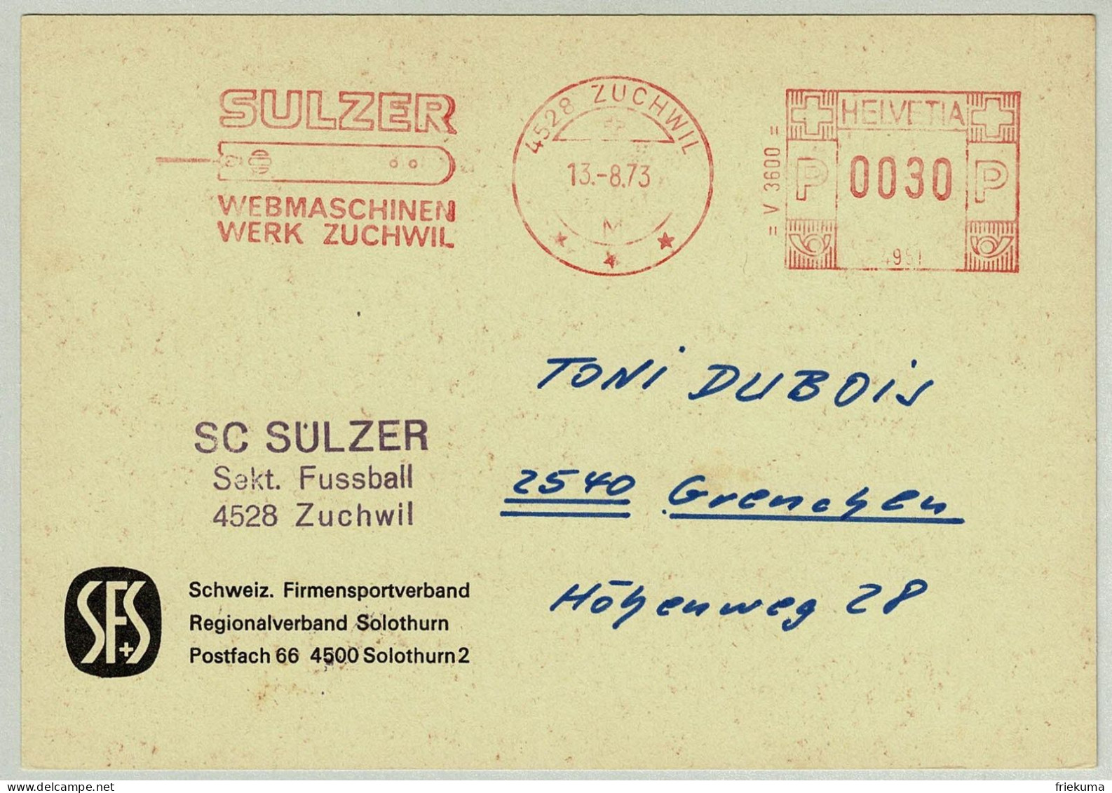 Schweiz / Helvetia 1973, Brief Freistempel / EMA / Meterstamp Sulzer Webmaschinen Zuchwil - Grenchen, Weaving Machines - Textile