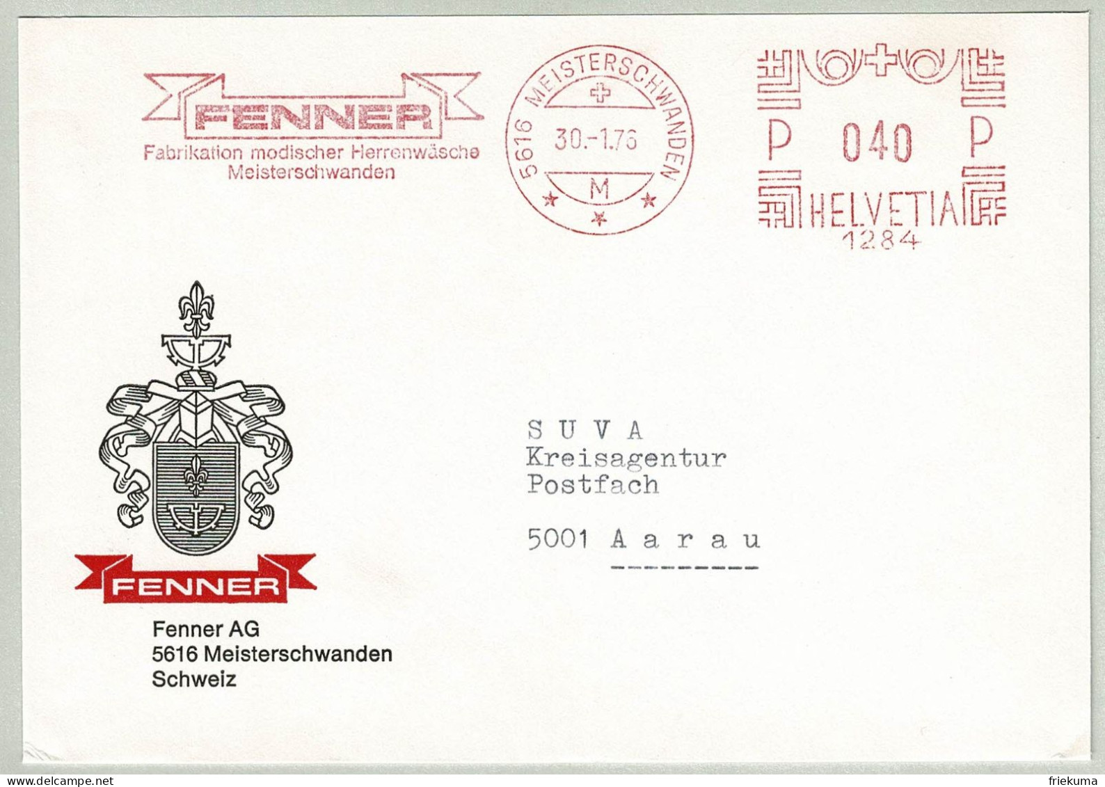 Schweiz / Helvetia 1976, Brief Freistempel / EMA / Meterstamp Fenner Meisterschwanden - Aarau, Wäsche / Linge / Laundry - Textiles