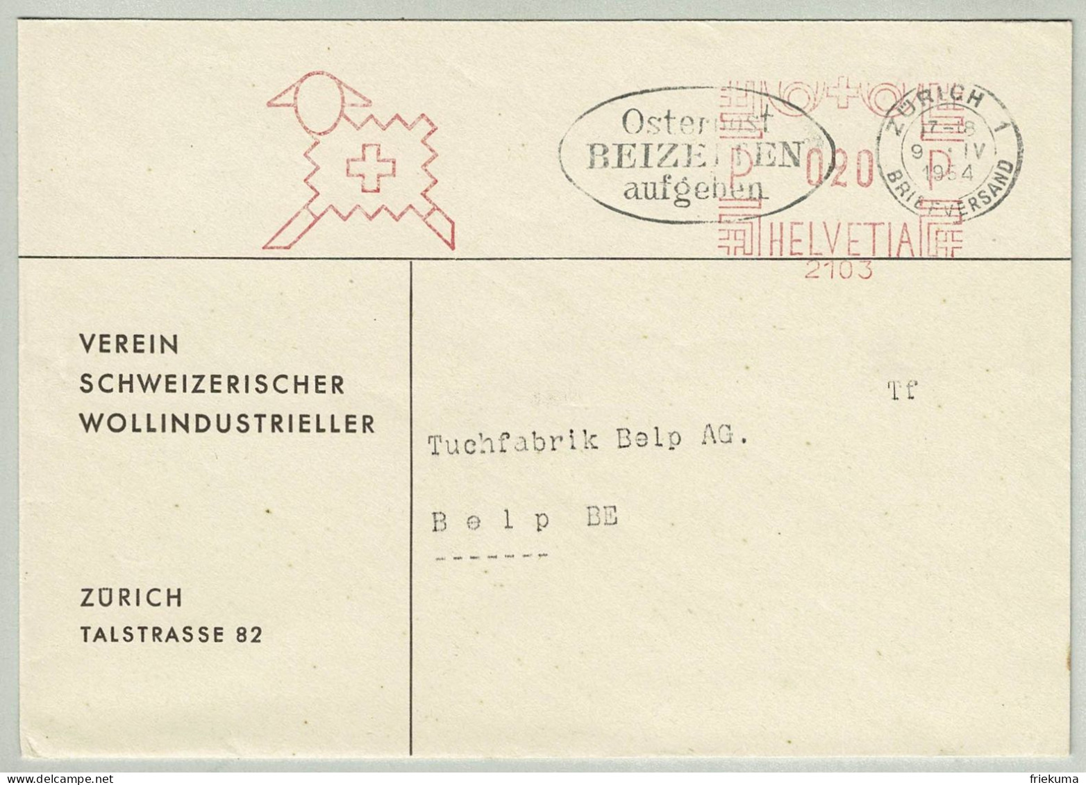 Schweiz / Helvetia 1954, Brief Freistempel / EMA / Meterstamp Wollindustrielle Zürich - Belp, Wolle / Lain / Wool, Schaf - Textile