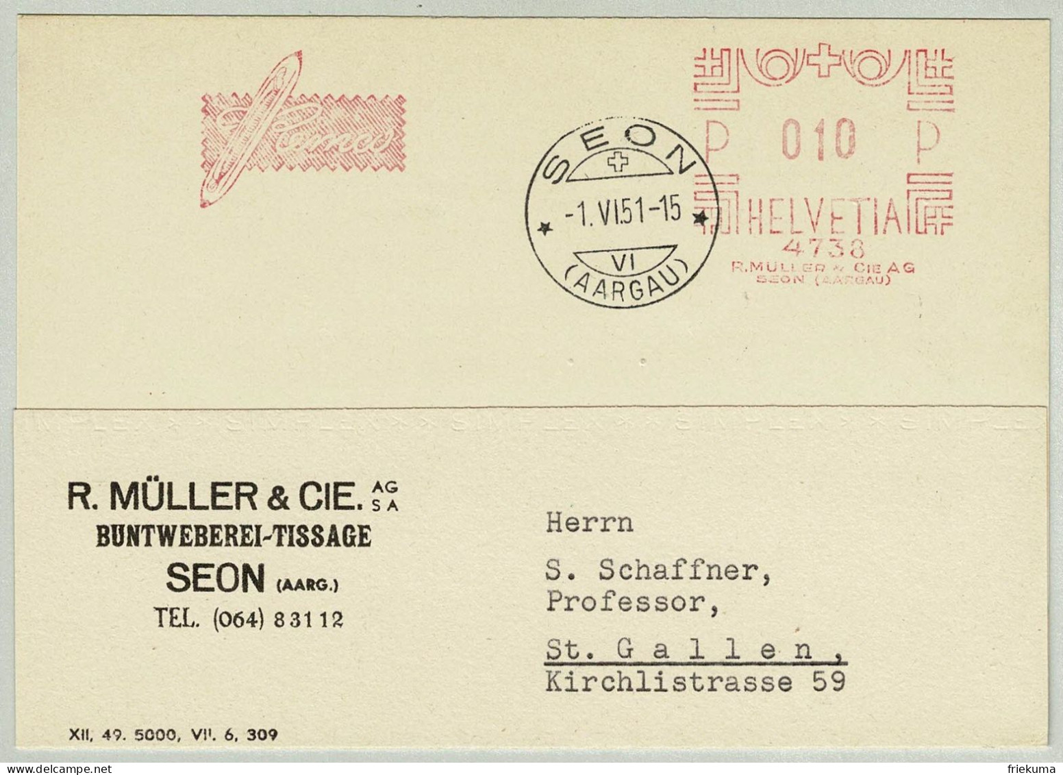 Schweiz / Helvetia 1951, Brief Freistempel / EMA / Meterstamp Müller Seon - St. Gallen, Weberei / Tissage / Weaving - Textile