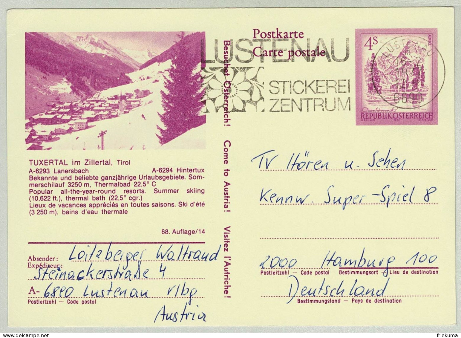 Oesterreich / Austria 1977, Bildpostkarte Tuxertal Lustenau - Hamburg (Deutschland), Stickerei / Broderie / Embroidery - Textile