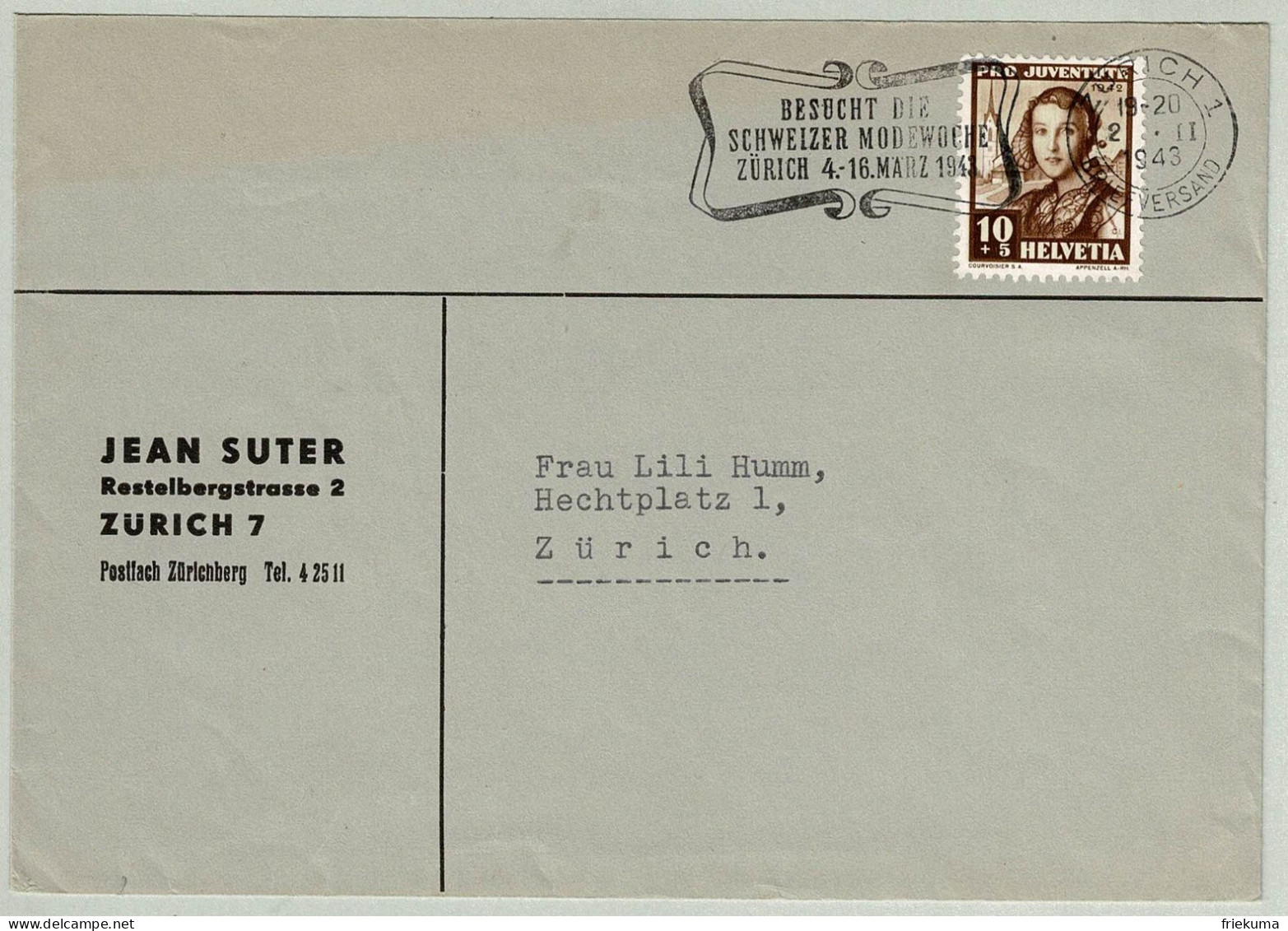 Schweiz / Helvetia 1943, Brief Zürich, Modewoche, Pro Juventute, Tracht Appenzell, Fashion - Textile