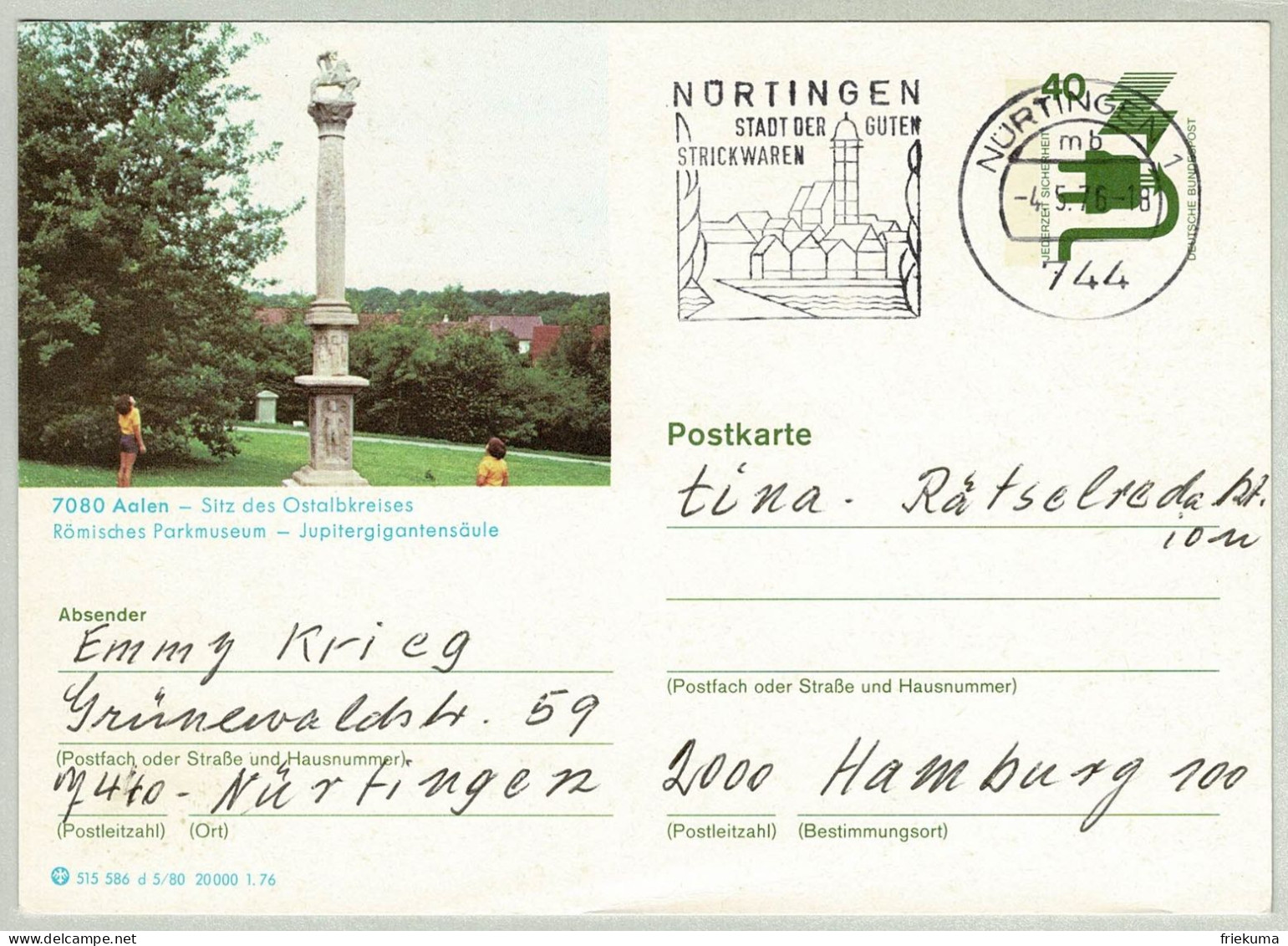 Deutsche Bundespost 1976, Bildpostkarte Aalen Nürtingen - Hamburg, Stricken / Tricot / Knitting - Textile