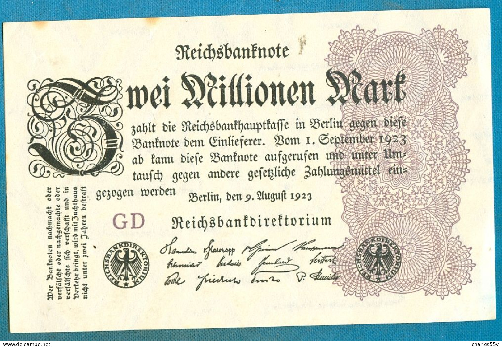 2000000 Mark 9.8.1923 Serie GD Wmk. "Hakensterne" AUNC - 2 Mio. Mark