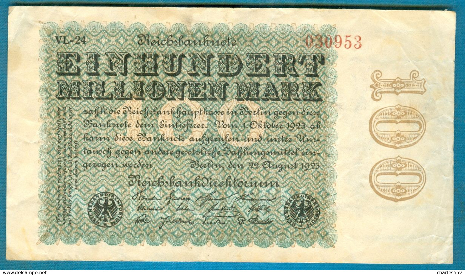 100000000 Mark 22.8.1923 Serie VL-24 Wmk."Hakensterne" - 100 Mio. Mark