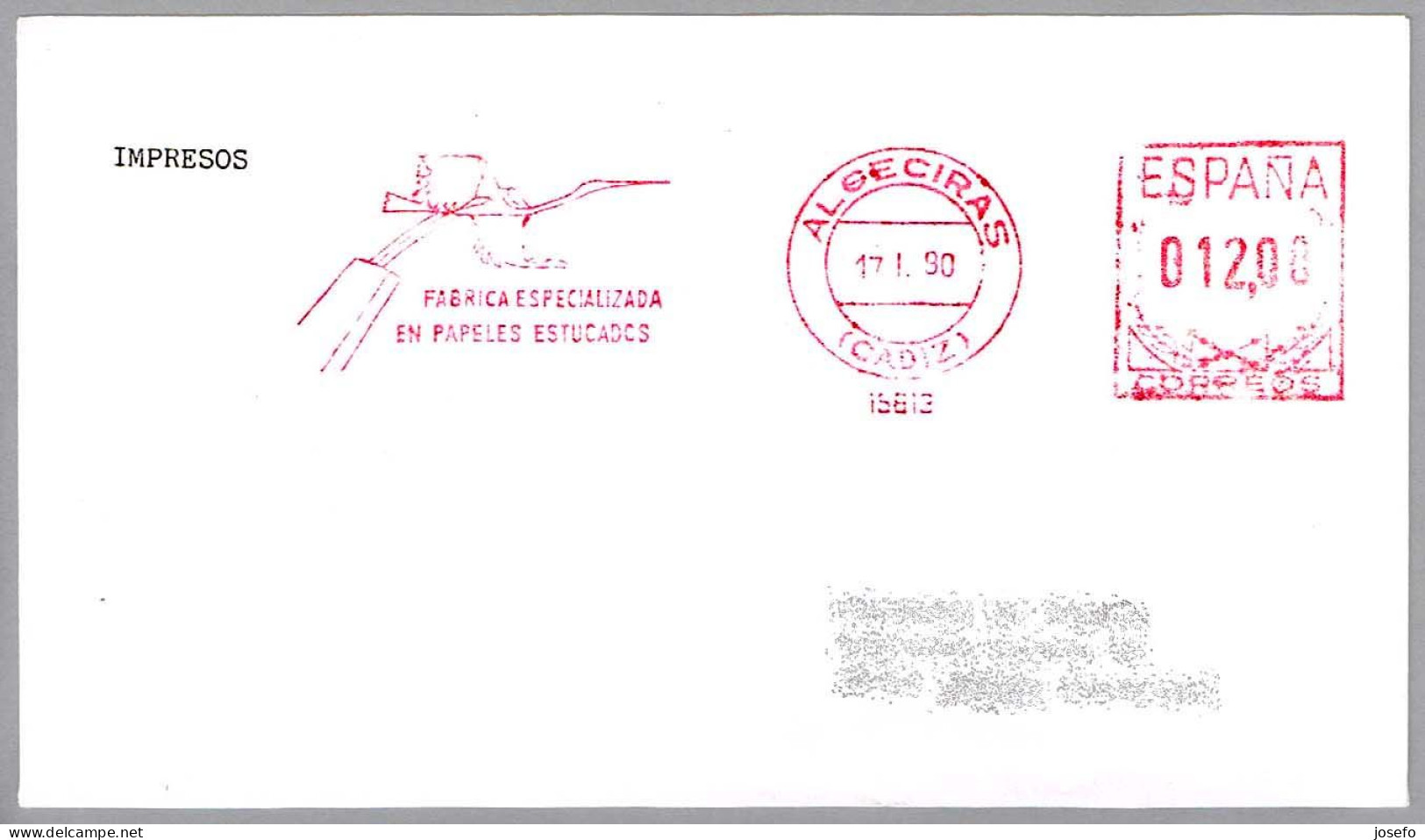 Fabrica Especializada En Papeles Estucados - CIGÜEÑA - STORK. Algeciras, Cadiz, Andalucia, 1990 - Mechanical Postmarks (Advertisement)