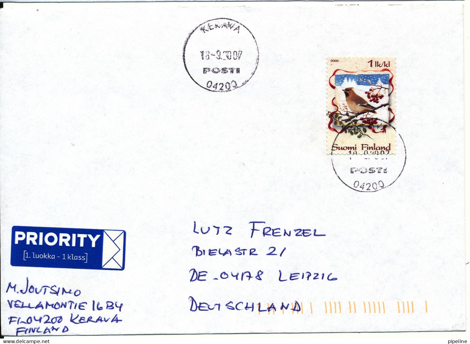 Finland  Cover Sent To Germany Kerava 18-9-2007 Single Franked Christmas Stamp - Cartas & Documentos