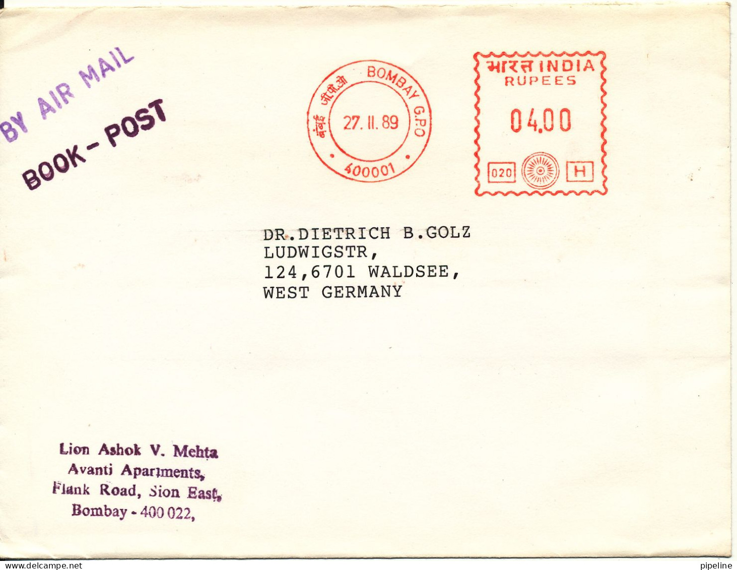 India Cover With Meter Cancel Sent To Germany Bombay 27-11-1989 - Briefe U. Dokumente