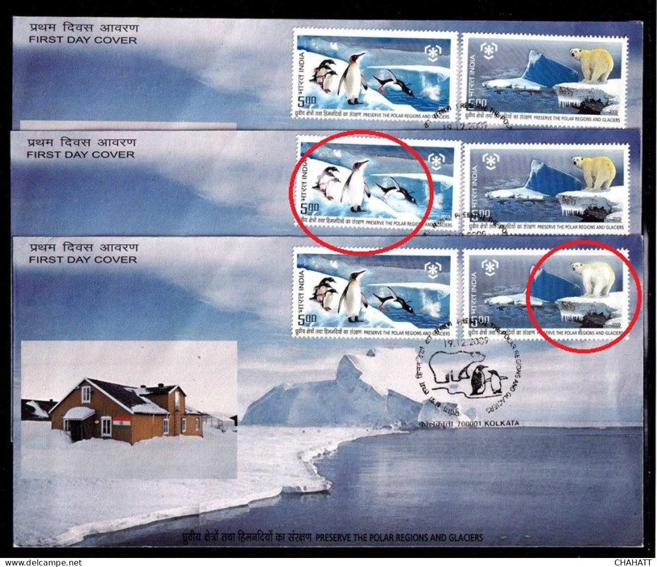 POLAR BEARS - PRESERVE THE POLAR REGIONS AND GLACIER- 3x FDCs- ERROR- YELLOW DRY PRINT-INDIA 2009-BX4-17 - Errors, Freaks & Oddities (EFO)