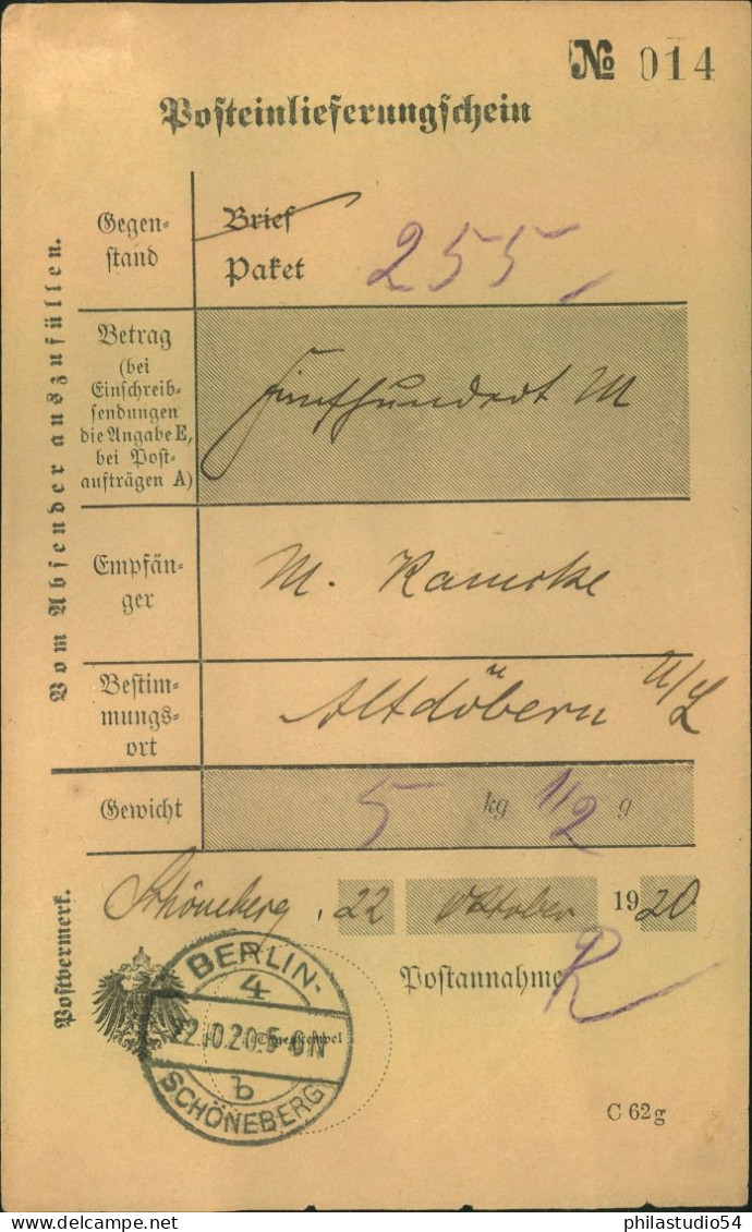 1920, 22.10.: BERLIN-SCHÖNEBERG Früher Stempel, Nach Der Eingemeindung Am 1. Oktober 1920, Auf Postschein - Other & Unclassified