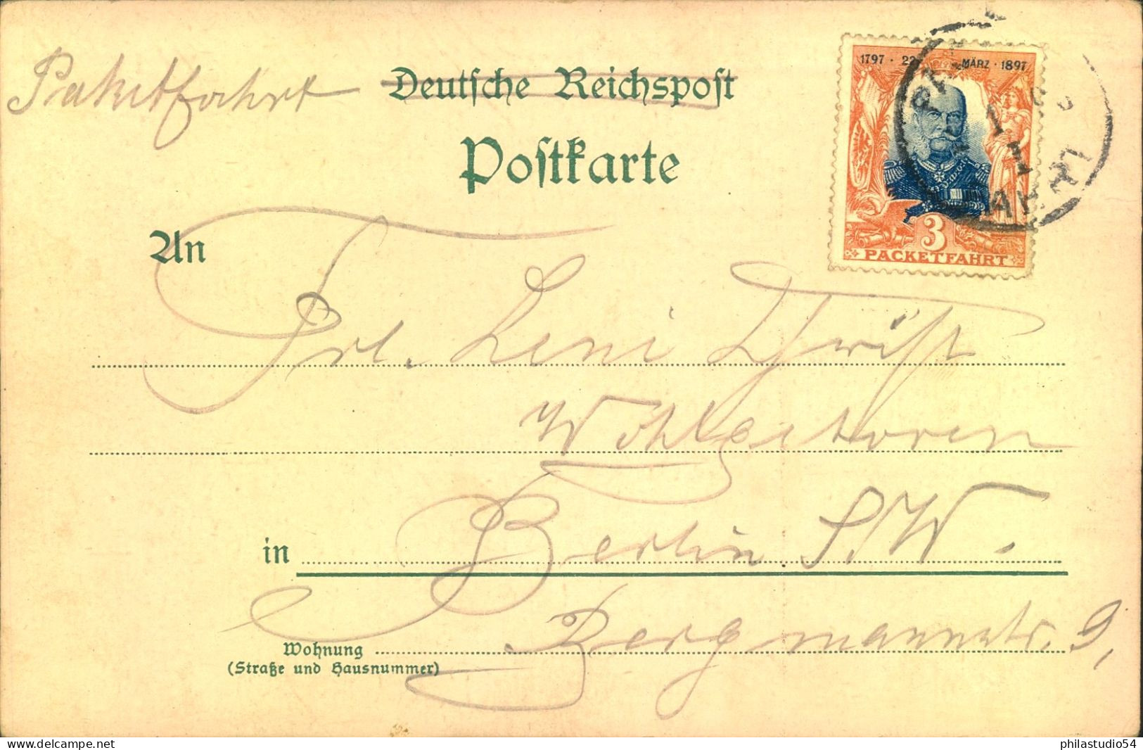 1897, BERÖINER PACKETFAHRT, 3 Pfg. Geburtstag Kaiser Wilhelm I. Auf Ansihjtskarte - Privatpost