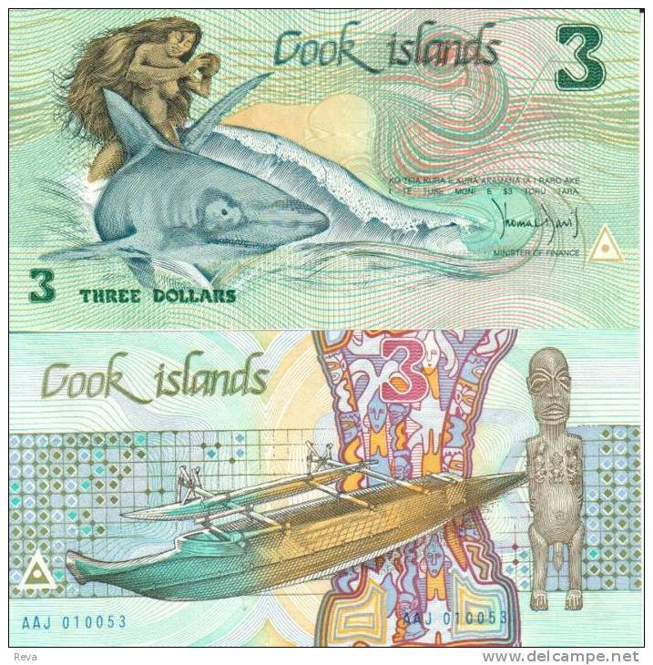 COOK ISLANDS $3 GREEN WOMAN SHARK ANIMAL FRONT NATIVE STATUES BACK ND(1987) P.4 UNC READ DESCRIPTION !! - Isole Cook
