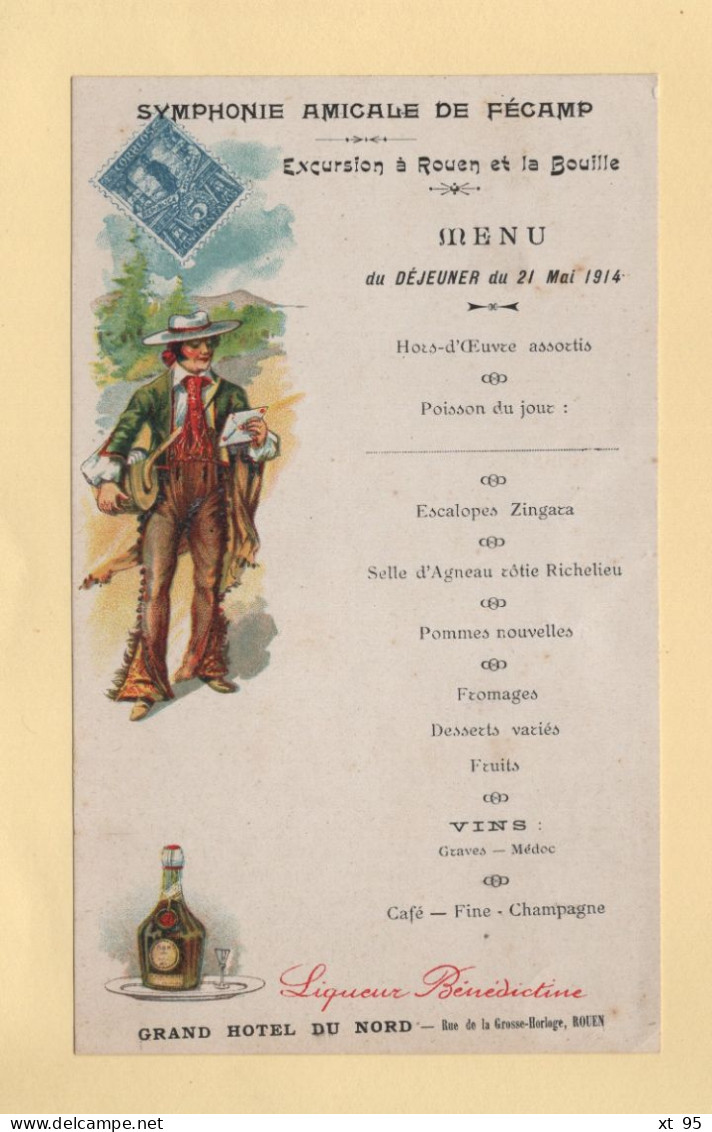 Menu Liqueur Benedictine - Symphonie Amicale De Fecamp - Grand Hotel Du Nord - Rouen - Illustration Timbre Facteur - Menú
