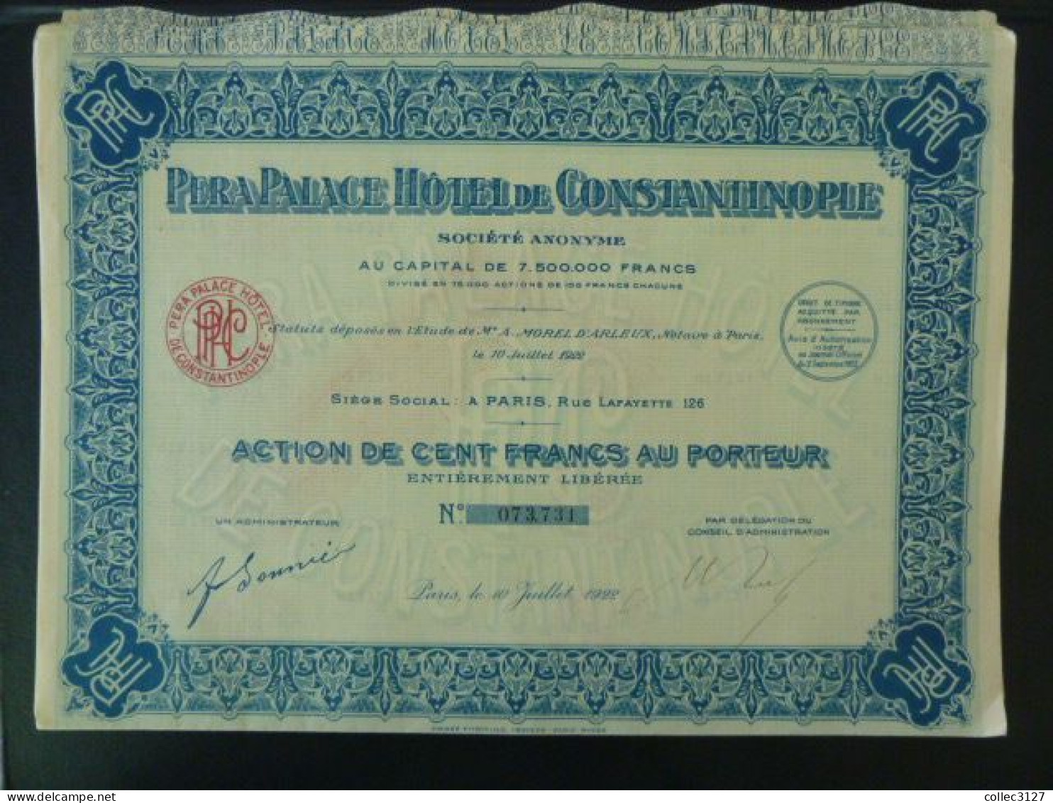 Lot De 25 Actions PERA Palace Hotel Constantinople - 100 Francs - 1922 - Avec Tous Leurs Coupons - Tourism