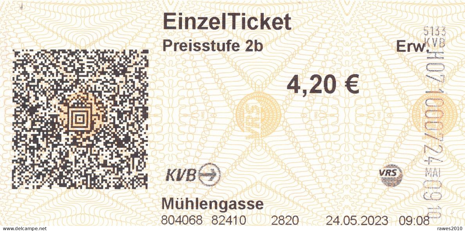 BRD Köln / Frechen EinzelTicket Preisstufe 2b 4,20 € Strassenbahn 2023 KVB Mühlengasse - Europa