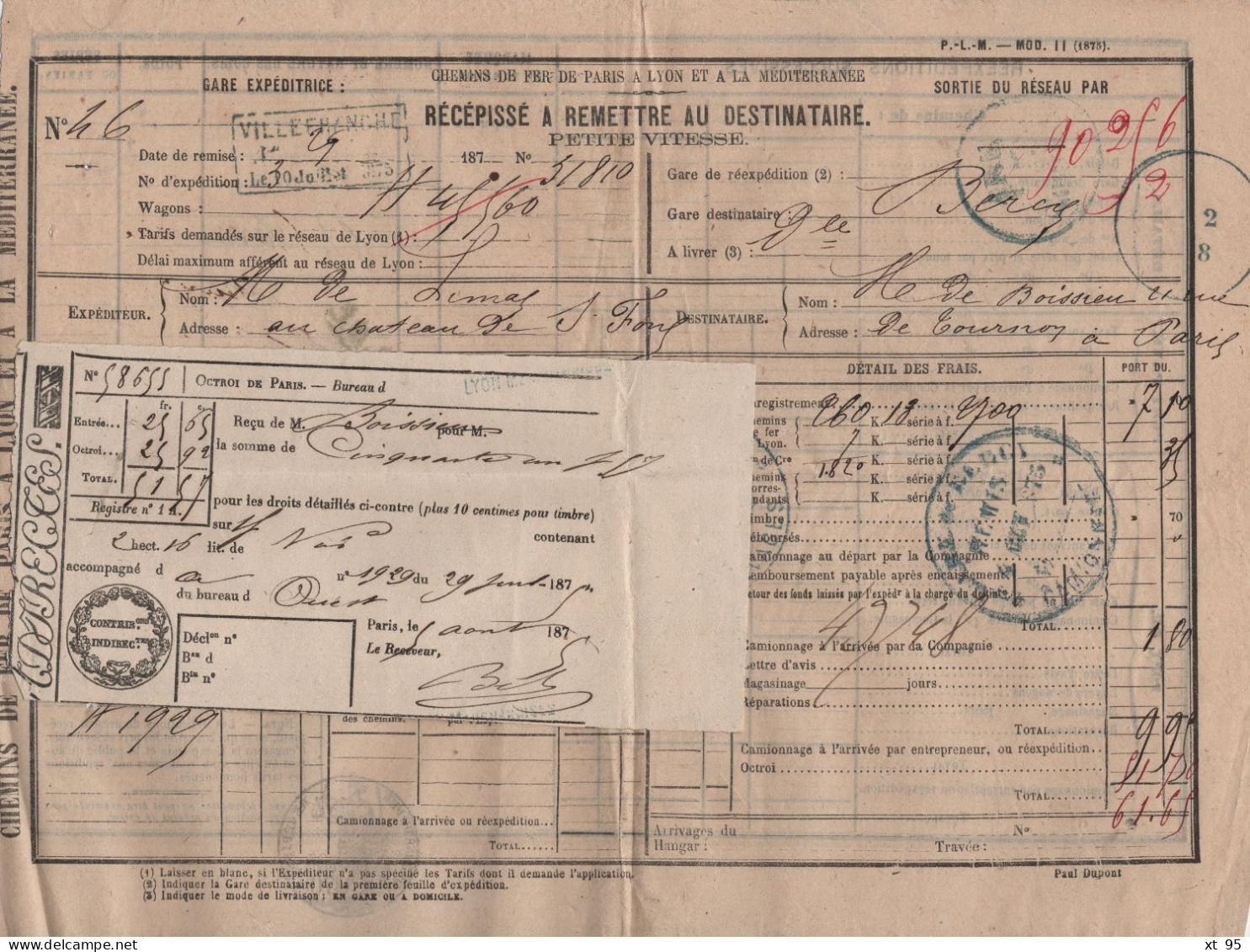 Recepisse Petite Vitesse - Chemins De Fer PLM - Villefranche - 1875 - Spoorwegpost