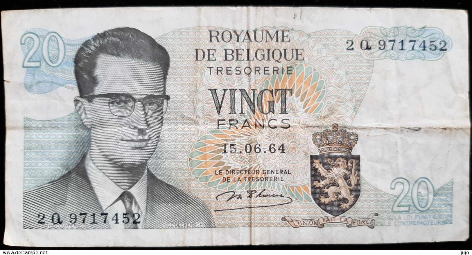 Billets - ROYAUME De  BELGIQUE - Billet  De 20 FRANCS - 1964 -  2 Q 9717452  (ROI BAUDOUIN - ATOMIUM BRUXELLES) - 20 Francs