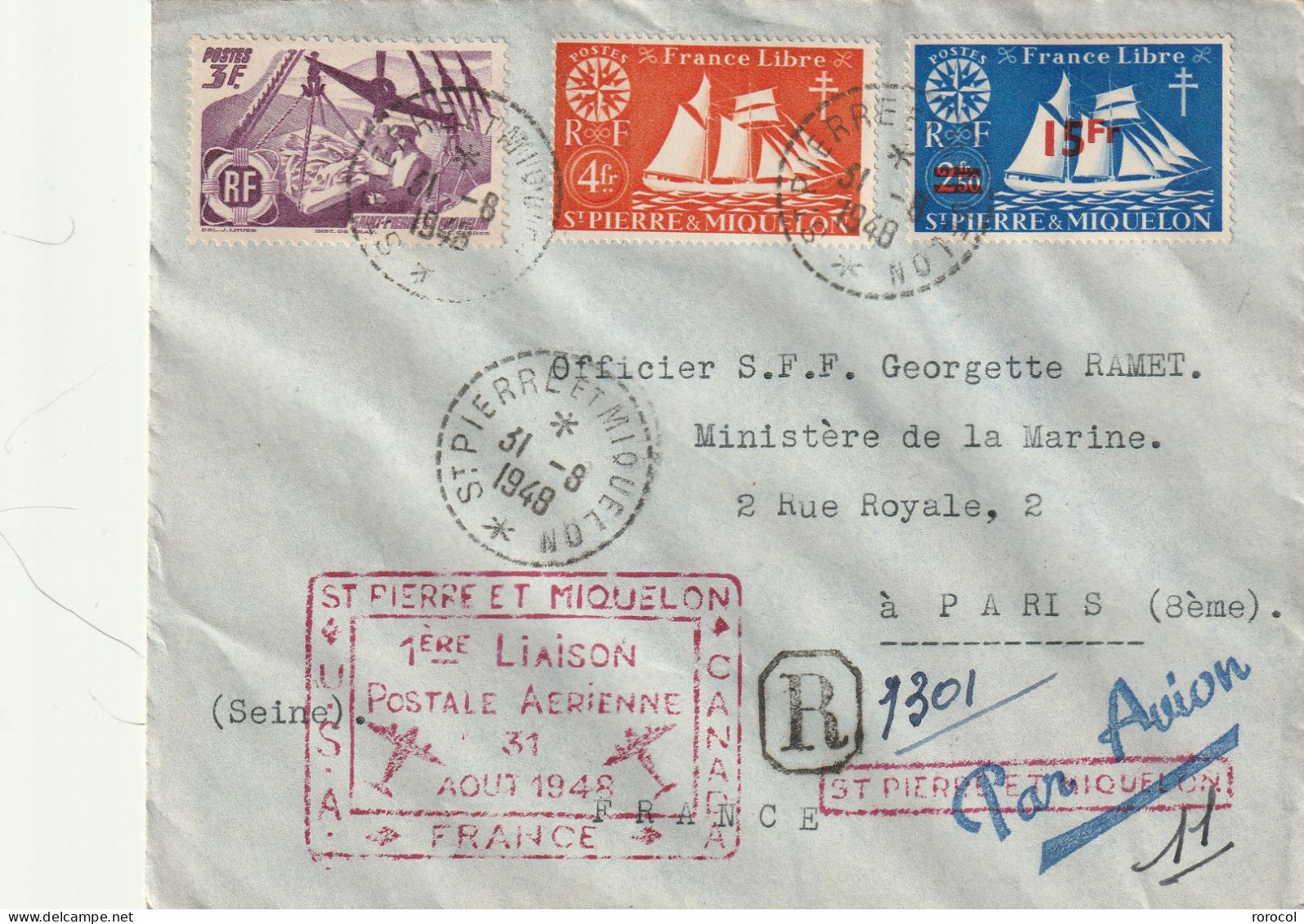 SPM Lettre Recommandée Pour Paris 1948 1ère Liaison Postale Aérienne SPM USA CANADA FRANCE - Lettres & Documents