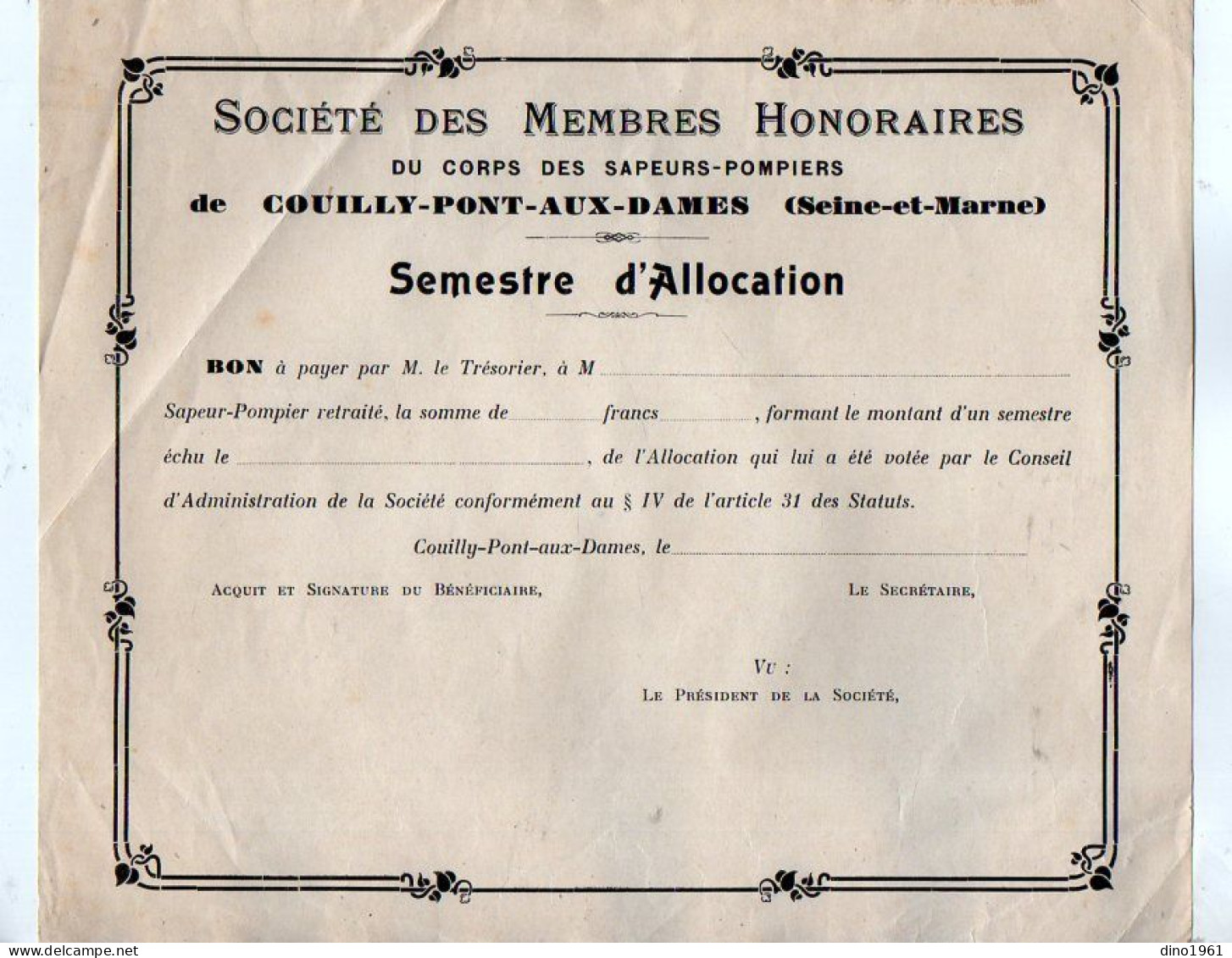 VP22.185 - 19?? - Bon Vierge De La Société Des Membres.. Du Corps Des Sapeurs - Pompiers De COUILLY - PONT - AUX - DAMES - Firemen