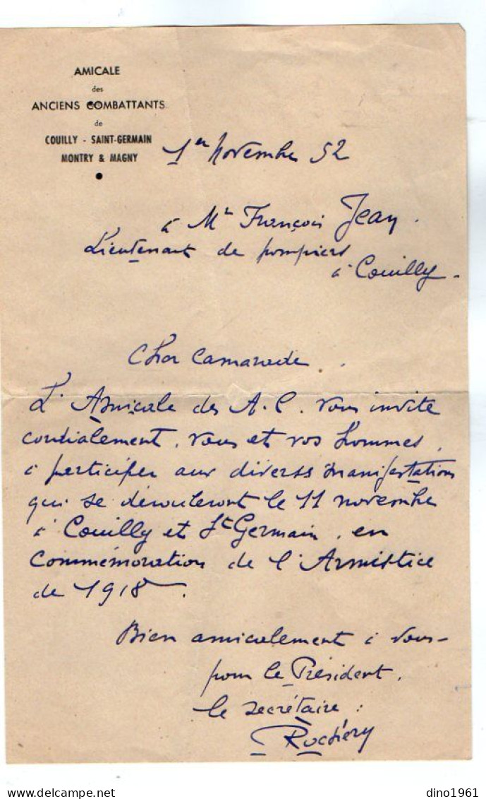 VP22.187 - 1952 - Lettre De L'Amicale Des Anciens Combattans De COUILLY,SAINT-GERMAIN,MONTRY,MAGNY Au Lt De Pompiers F.. - Pompiers