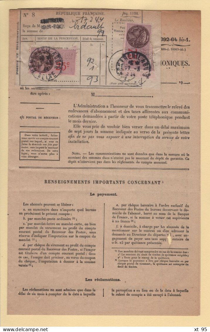 Redevances Des Taxes Telephoniques - Montreuil Sous Bois - 1944 - Timbres Fiscaux - Telegramas Y Teléfonos