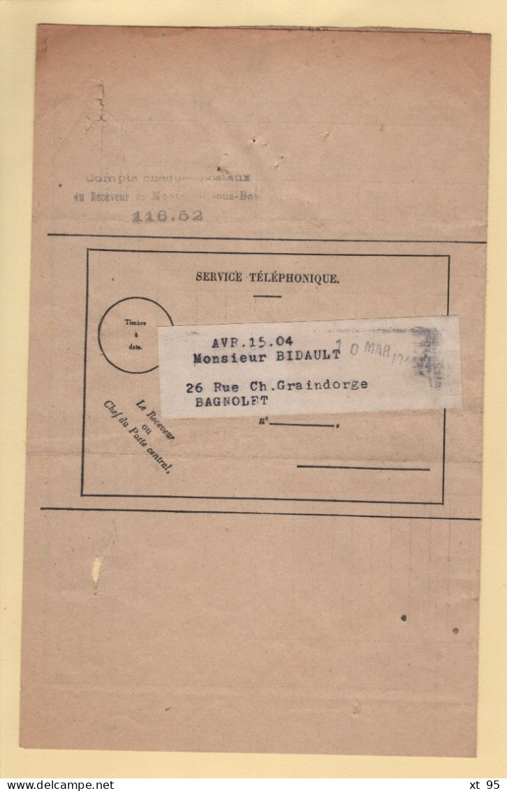 Redevances Des Taxes Telephoniques - Montreuil Sous Bois - 1944 - Timbres Fiscaux - Telegraaf-en Telefoonzegels