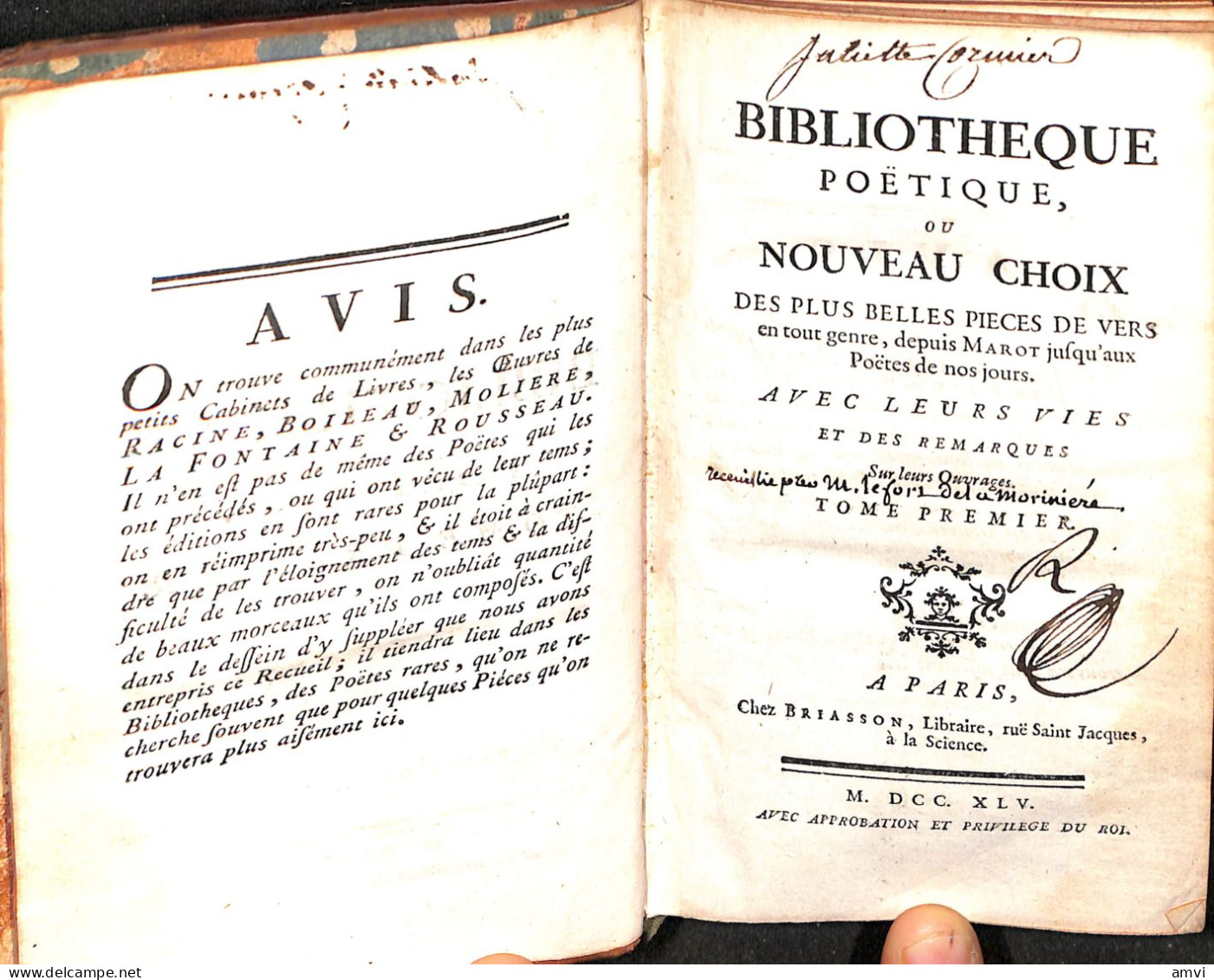 Sa01  BIBLIOTHEQUE POETIQUE Ou NOUVEAU CHOIX Des Plus Belles Pieces De Vers...à PARIS TF6 Chez BRIASSON 1745, 4 Vol Rare - 1701-1800