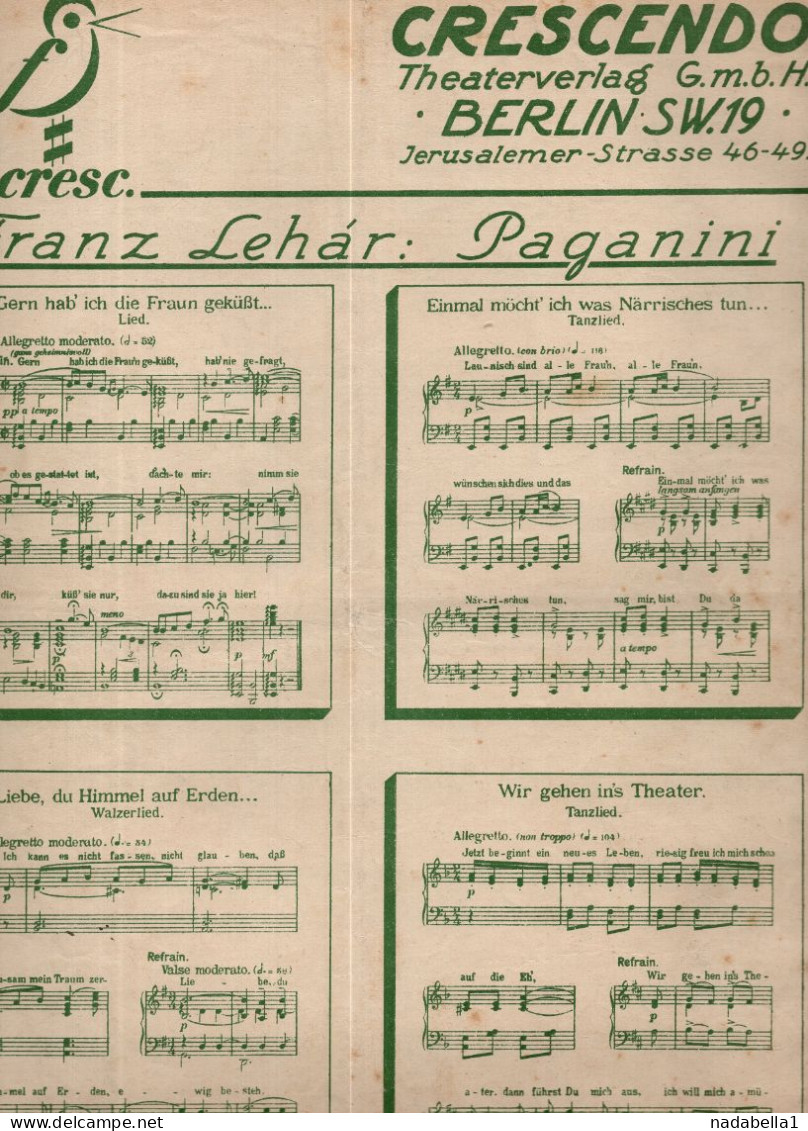 FRANZ LEHAR,'PAGANINI',MUSIC SCORE,CHRESCENDO THEATERVERLAG,BERLIN ISSUE,MUSIC SHOP B.FIRNBERG - J-L