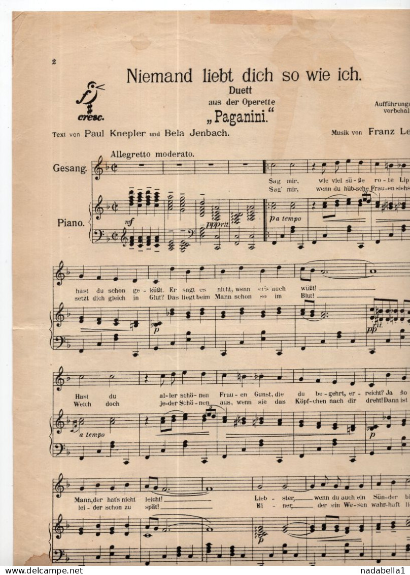 FRANZ LEHAR,'PAGANINI',MUSIC SCORE,CHRESCENDO THEATERVERLAG,BERLIN ISSUE,MUSIC SHOP B.FIRNBERG - J-L