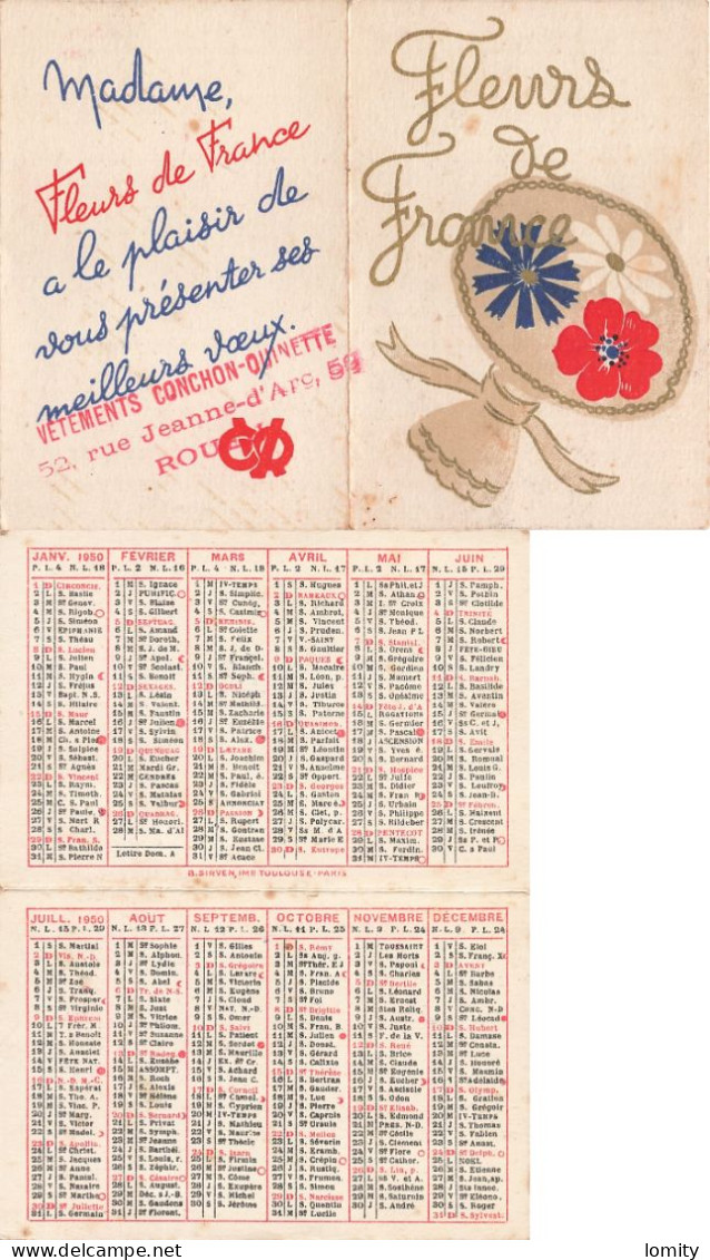 Calendrier Petit Format 1950 Fleurs De France Magasin Vêtements Conchon Quinette 52 Rue Jeanne D' Arc à Rouen - Petit Format : 1941-60