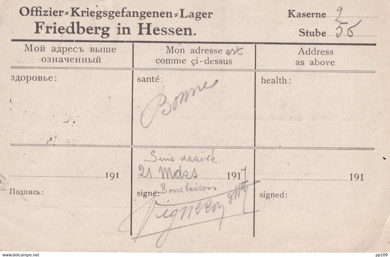 14-18 CP Prisonnier Officier Belge Kriegsgefangenensendung Geprüft FRIEDBERG  HESSEN Offizier Gefangennen Lager  - Prisoners