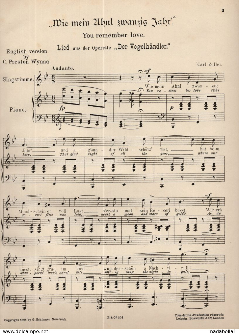 CARL ZELLER,OPERETTE ''DER VOGELHÄNDLER'',MUSIC SCORE,BOSWORTH & CO LEIPZIG ISSUE,7 PAGES,23 X 30cm - Operaboeken