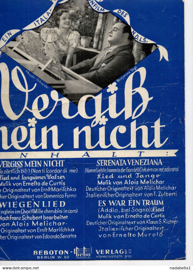 BEBO TON VERLAG,VERGISS MEIN NICHT,DON'T FORGET ME,MUSIC SCORE,BEBOTON BERLIN ISSUE,11 PAGES,23 X 30cm - Componisten Van Filmmuziek