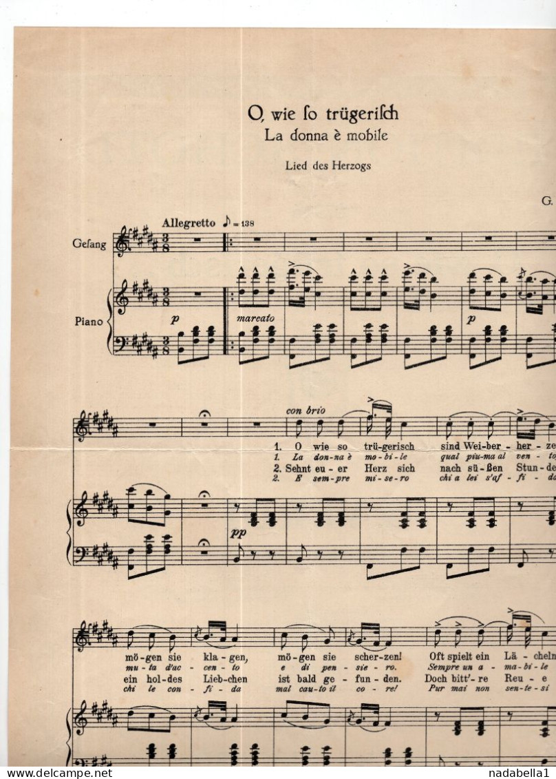 EDITION SCHOTT'S SOHNE,MAINZ,G. VERDI,LA DONNA E MOBILE,MUSIC SCORE,3 PAGES,25 X 32cm - Opern