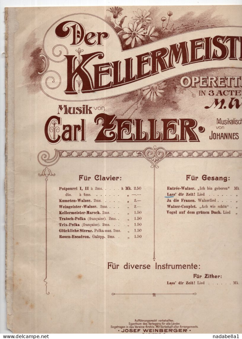 CARL ZELLER,OPERETTE ''DER KELLERMEISTER'',MUSIC SCORE,JOSEF WEINBERGER LEIPZIG ISSUE,7 PAGES,25 X 30cm - Opern