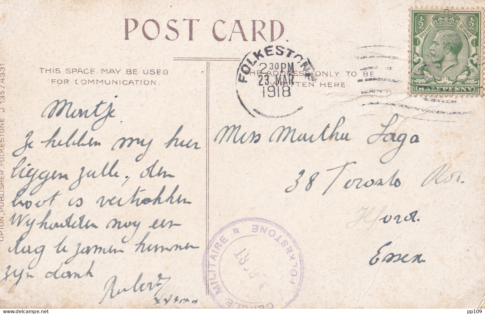 14-18 CP Cliffs And Pier FOLKESTONE 23 III 1918   Correspondance Belge -   "CERCLE MILITAIRE ALBERT" - Unbesetzte Zone