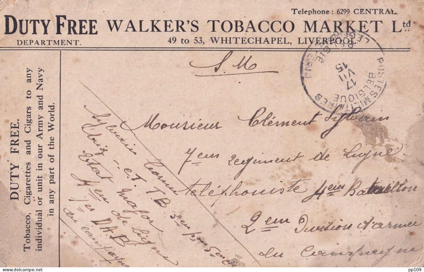 14-18 CP DUTY FREE WALKER'S TOBACCO MARKET Tabac  - Whitechapel Liverpool  PMB 17 V 1915 ! - Not Occupied Zone