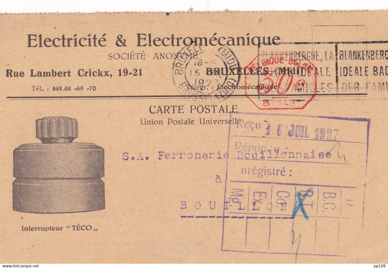 ANDERLECHT 19-21 Rue Lambert Crickx  Affr. Mécanique  B 149  En 1927 Sur  CP Pub Ill Electricité  - ...-1959