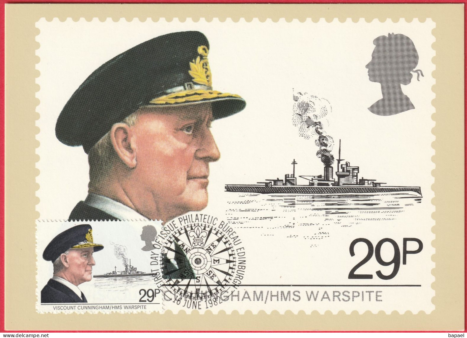 Carte Maximum (FDC) - Royaume-Uni (Écosse-Édimbourg) (16-6-1982) - Vicomte Cunningham Et 'HMS Warspite' (Recto-Verso) - Carte Massime