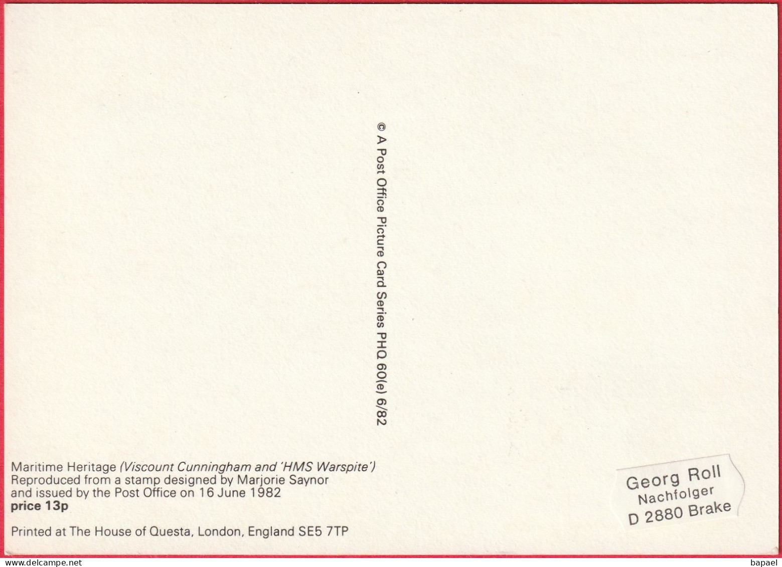 Carte Maximum (FDC) - Royaume-Uni (Écosse-Édimbourg) (16-6-1982) - Vicomte Cunningham Et 'HMS Warspite' (Recto-Verso) - Maximumkaarten